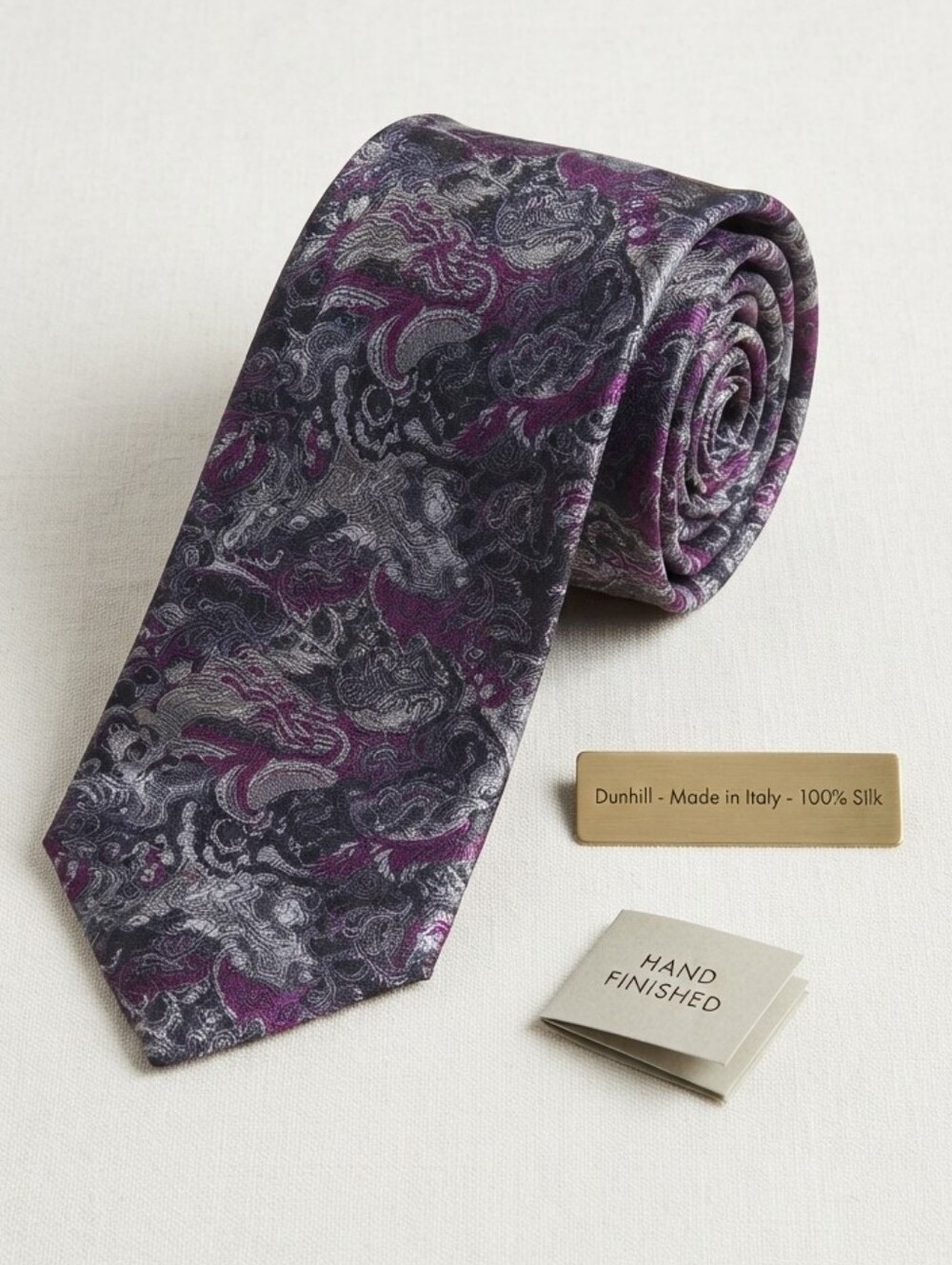 Dunhill Men's Purple Grey Silk Paisley Necktie Hand Made in Italy